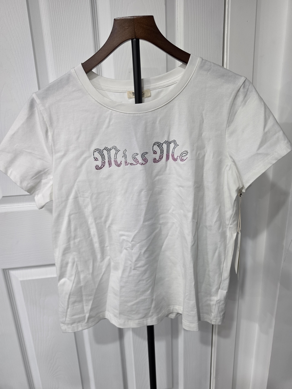Miss Me White Short Sleeve Rhinestone Script Logo Tee
